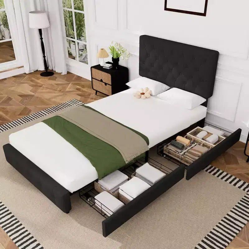 Queen Storage Bed Frame with 4 Drawers & Headboard, Upholstered Platform Bed