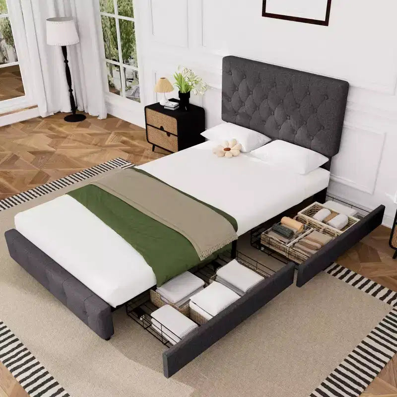 Queen Storage Bed Frame with 4 Drawers & Headboard, Upholstered Platform Bed