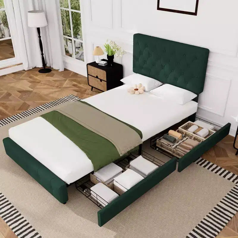 Queen Storage Bed Frame with 4 Drawers & Headboard, Upholstered Platform Bed