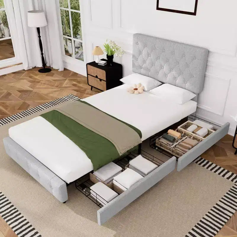 Queen Storage Bed Frame with 4 Drawers & Headboard, Upholstered Platform Bed